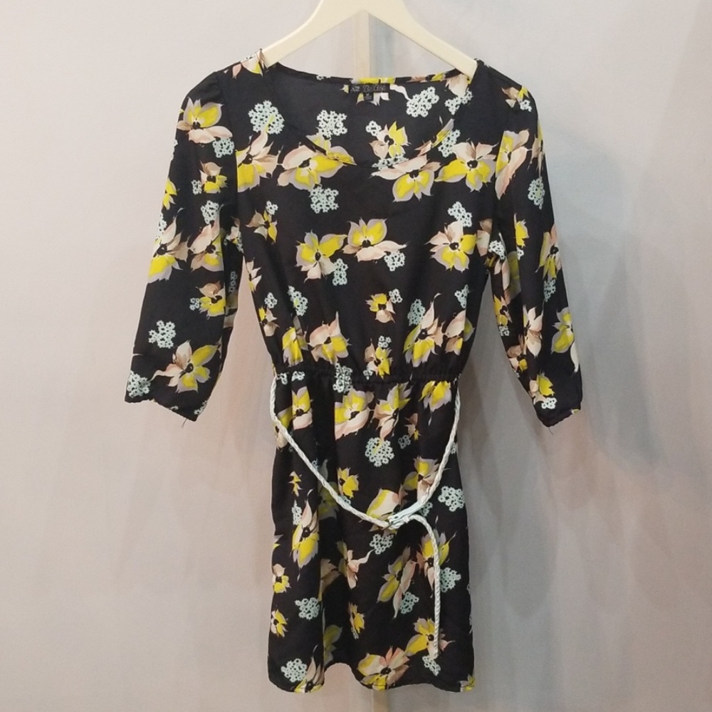 Black, yellow, and blue floral midi dress